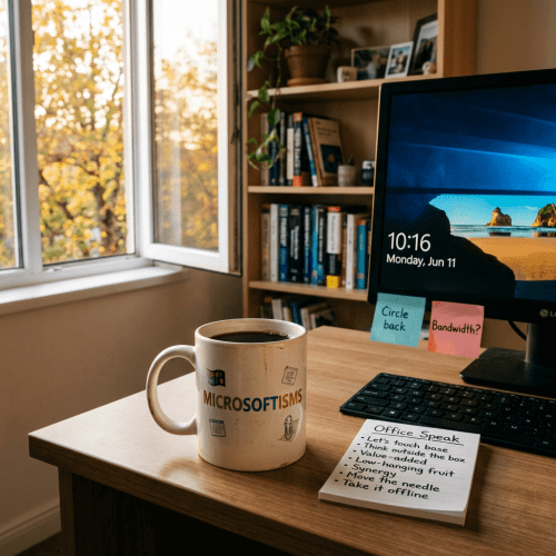 Home office desk with coffee mug reading "MICROSOFTISMS," monitor showing "10:16" and "Monday, Jun 11," notes reading "Circle back" and "Bandwidth?," and notepad titled "Office Speak" with workplace phrases.