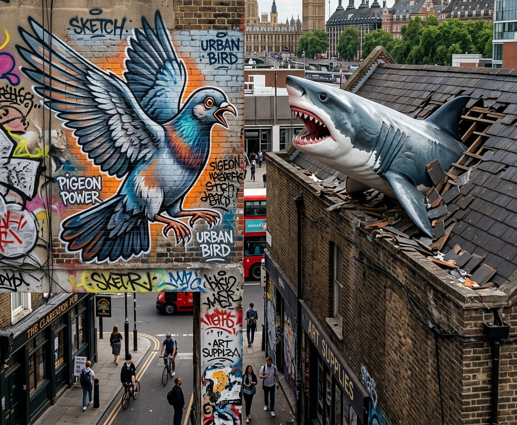 Pigeon mural, rooftop shark, and Big Ben above a London street