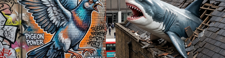 Pigeon mural, rooftop shark, and Big Ben above a London street
