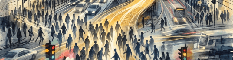 Watercolor city intersection crowded with commuters, cars, trains, and glowing traffic lights