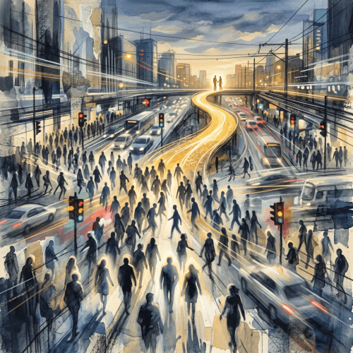 Watercolor city intersection crowded with commuters, cars, trains, and glowing traffic lights