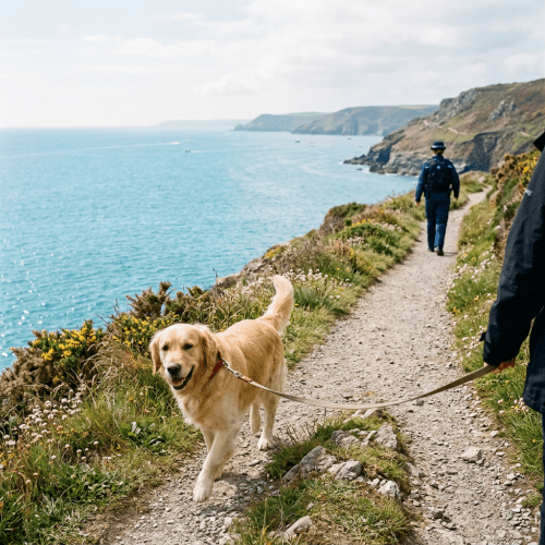 Golden retriever walking on a coastal trail beside the sea