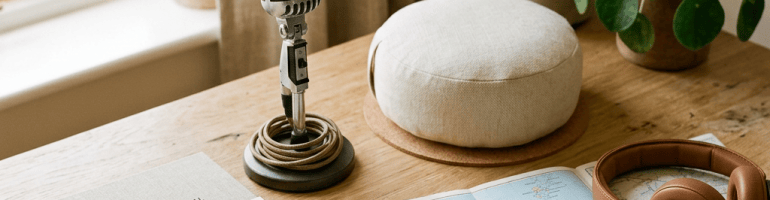 Wooden table with Scotland map, recipe journal, headphones, microphone, and plants