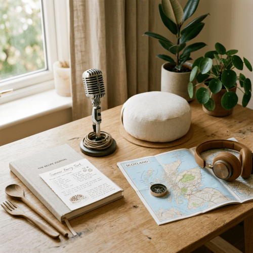 Wooden table with Scotland map, recipe journal, headphones, microphone, and plants