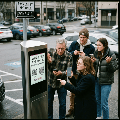 Four people examine an EasyPark kiosk marked "PARK & PAY. APP ONLY." and a sign reading "PAYMENT BY APP ONLY. ZONE 412."