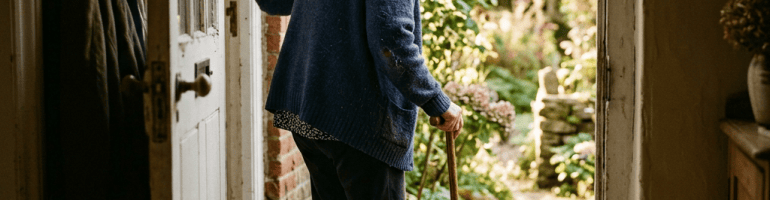 Older woman using a walking stick while stepping into a garden