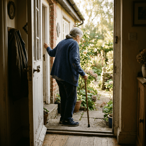 Older woman using a walking stick while stepping into a garden