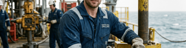 Offshore worker in hard hat operating yellow drilling equipment on an oil platform