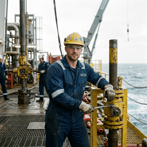 Offshore worker in hard hat operating yellow drilling equipment on an oil platform