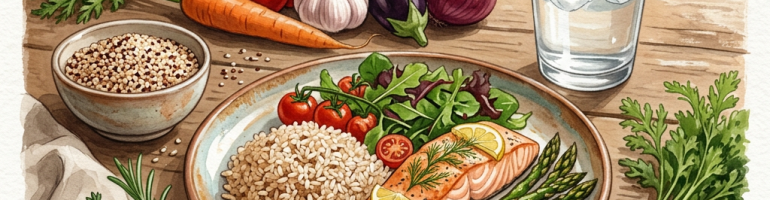 Watercolor illustration of salmon, rice, greens, asparagus, and vegetables on a plate