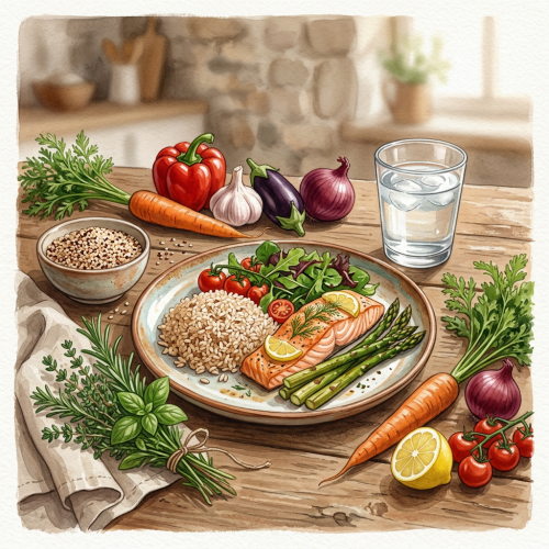 Watercolor illustration of salmon, rice, greens, asparagus, and vegetables on a plate