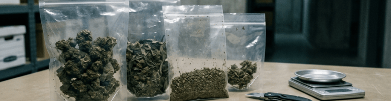 Sealed bags of dried plant material, scale, scissors, pen, and notebook