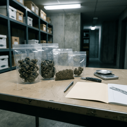 Sealed bags of dried plant material, scale, scissors, pen, and notebook