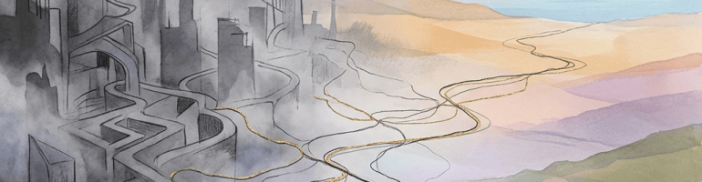 Watercolor cityscape flowing into pastel coastal landscapes with winding golden paths