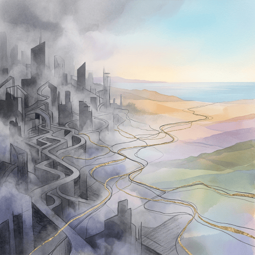 Watercolor cityscape flowing into pastel coastal landscapes with winding golden paths