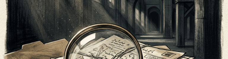 Magnifying glass over handwritten letters in an arched archive corridor