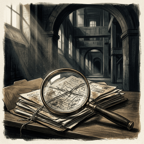 Magnifying glass over handwritten letters in an arched archive corridor