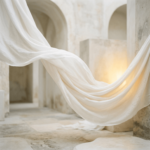 White fabric draped across a sunlit stone interior with arched openings