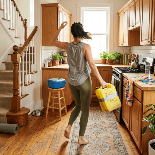 Woman exercising barefoot while carrying a yellow container labeled 2KG SAND