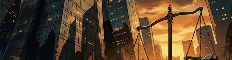 Balance scale with legal papers before illuminated skyscrapers at sunset