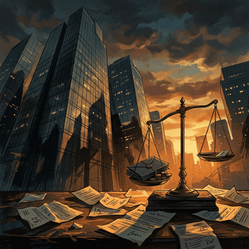 Balance scale with legal papers before illuminated skyscrapers at sunset