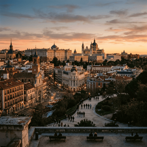 Madrid skyline with historic buildings and people walking at sunset