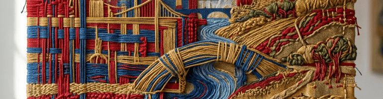 Textile artwork depicting London landmarks, bridges, waterways, and countryside