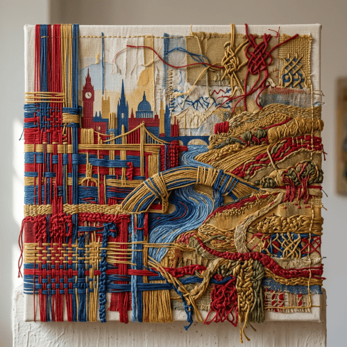 Textile artwork depicting London landmarks, bridges, waterways, and countryside