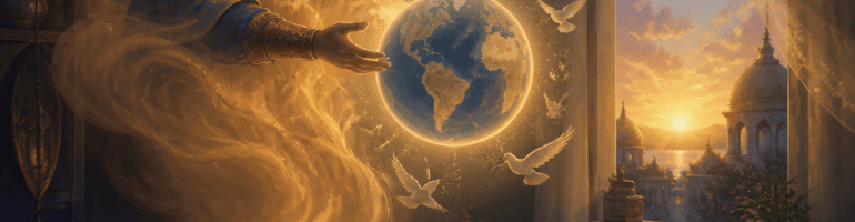 Mystical robed figure holding a glowing Earth beside an open window