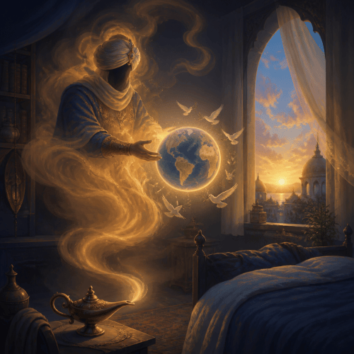 Mystical robed figure holding a glowing Earth beside an open window