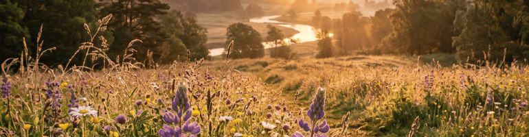 Wildflower meadow overlooking a winding river and mountains at sunset
