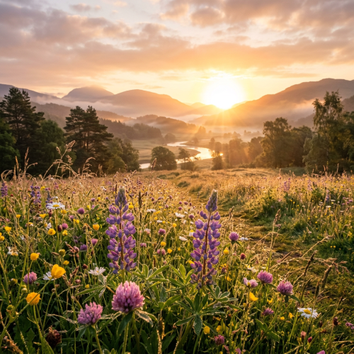 Wildflower meadow overlooking a winding river and mountains at sunset