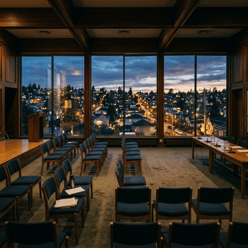 Empty conference room with chairs facing a city neighborhood at dusk