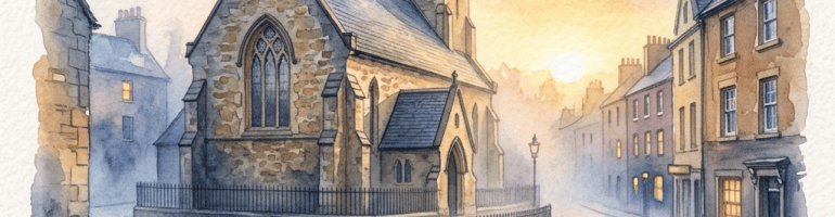 Watercolor scene of a historic church, village street, sunset, and cat