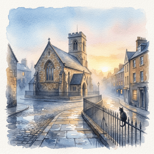Watercolor scene of a historic church, village street, sunset, and cat