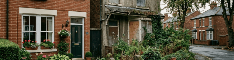 Brick house beside a weathered boarded-up home on a leafy residential street
