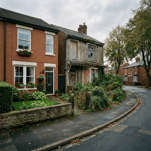 Brick house beside a weathered boarded-up home on a leafy residential street