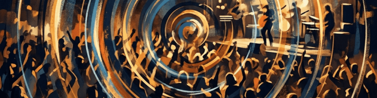 Musicians perform onstage before an enthusiastic crowd surrounded by swirling light rings