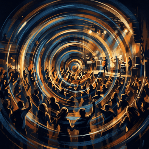 Musicians perform onstage before an enthusiastic crowd surrounded by swirling light rings