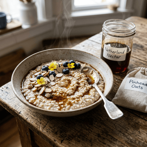 Bowl of porridge labeled Pinhead Oats beside jar labeled Netherlands Nectar