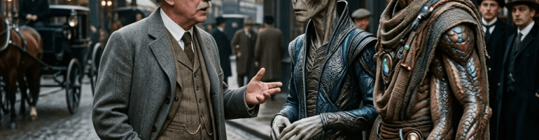 Victorian gentleman speaking with two aliens outside a BOOKSELLER shop, EST. 1890