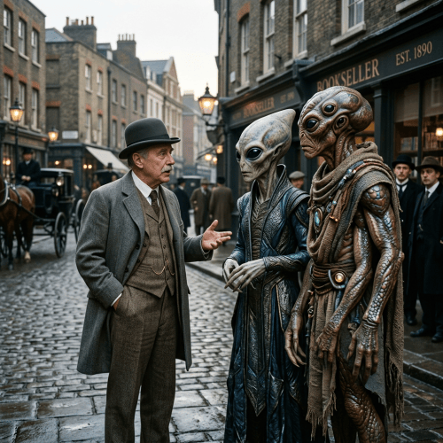 Victorian gentleman speaking with two aliens outside a BOOKSELLER shop, EST. 1890