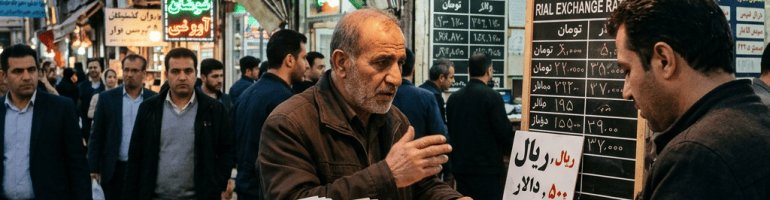 Currency exchange stall labeled Rial, Toman, Dollar Market, with exchange-rate boards