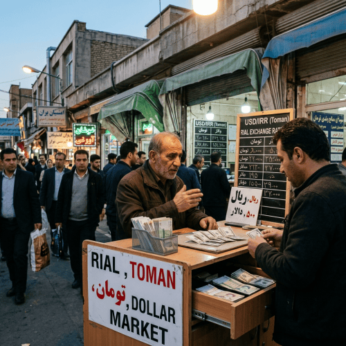 Currency exchange stall labeled Rial, Toman, Dollar Market, with exchange-rate boards
