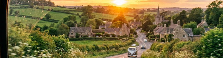 View from a car driving toward a village at sunset