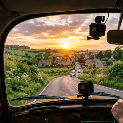 View from a car driving toward a village at sunset