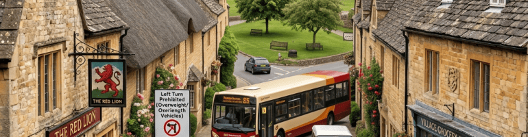 Cotswold village street with stone cottages, church, pedestrians, and parked cars