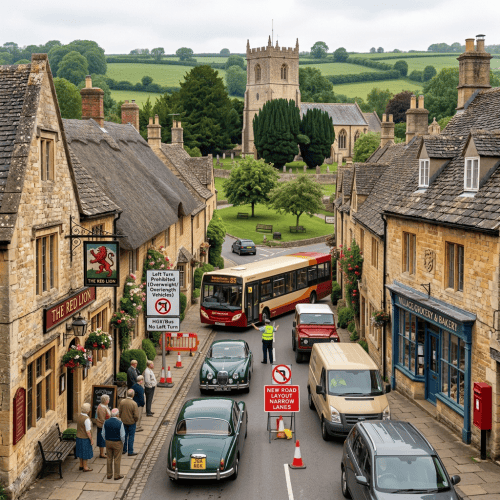Cotswold village street with stone cottages, church, pedestrians, and parked cars