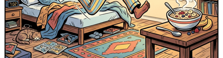 Comic of a child leaping from bed, eating porridge, and getting ready for the day