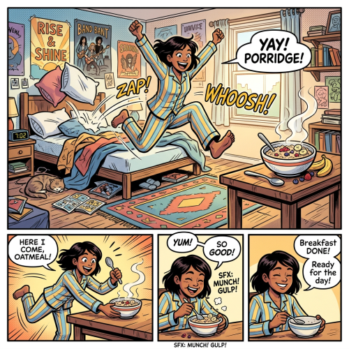 Comic of a child leaping from bed, eating porridge, and getting ready for the day